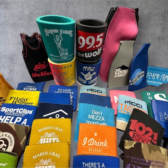 Lot of 61 Used Koozie Coolie Coozies‎ Drink Beer Soda Can Holder Advertising - Picture 3 of 7